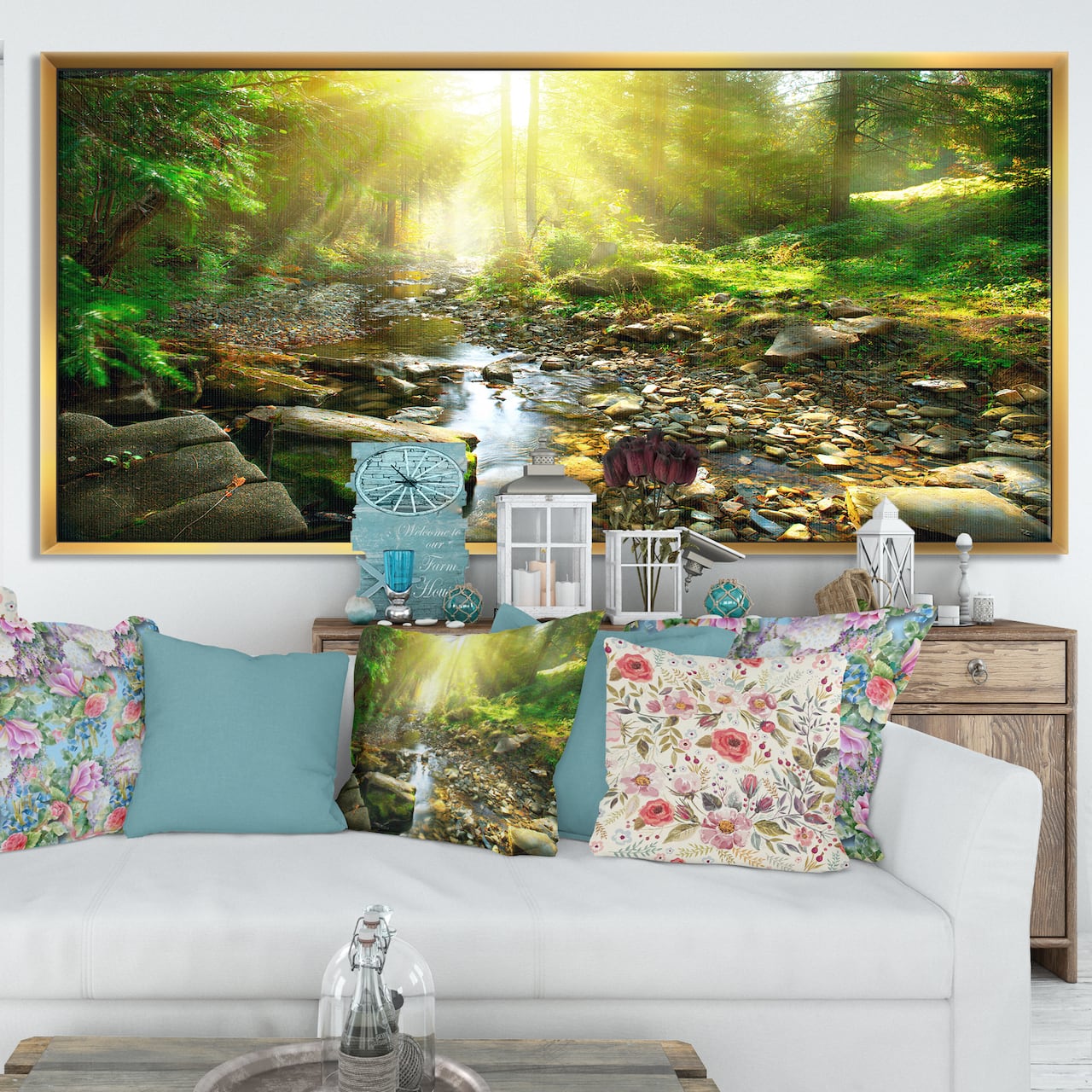 Designart - Mountain Stream in Forest - Landscape Photography Framed Canvas Print